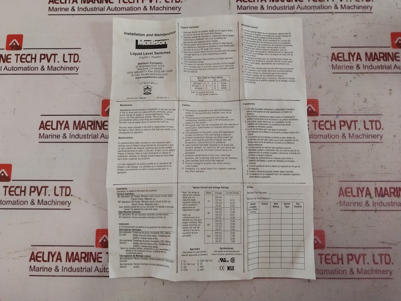 Madison Ms5917 Liquid Level Switch E54633 Rev:H 250 C 200 Psig 240Vac,0.40A