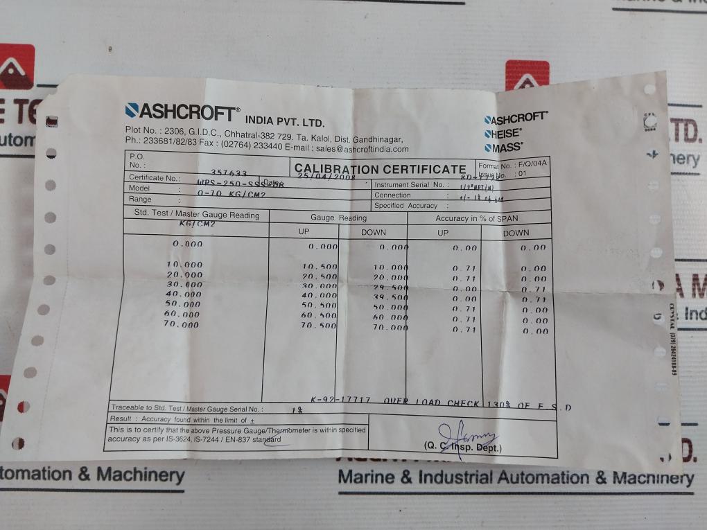 Mass 0 – 70 Kg/Cm2 Pressure Gauge 8D-1729