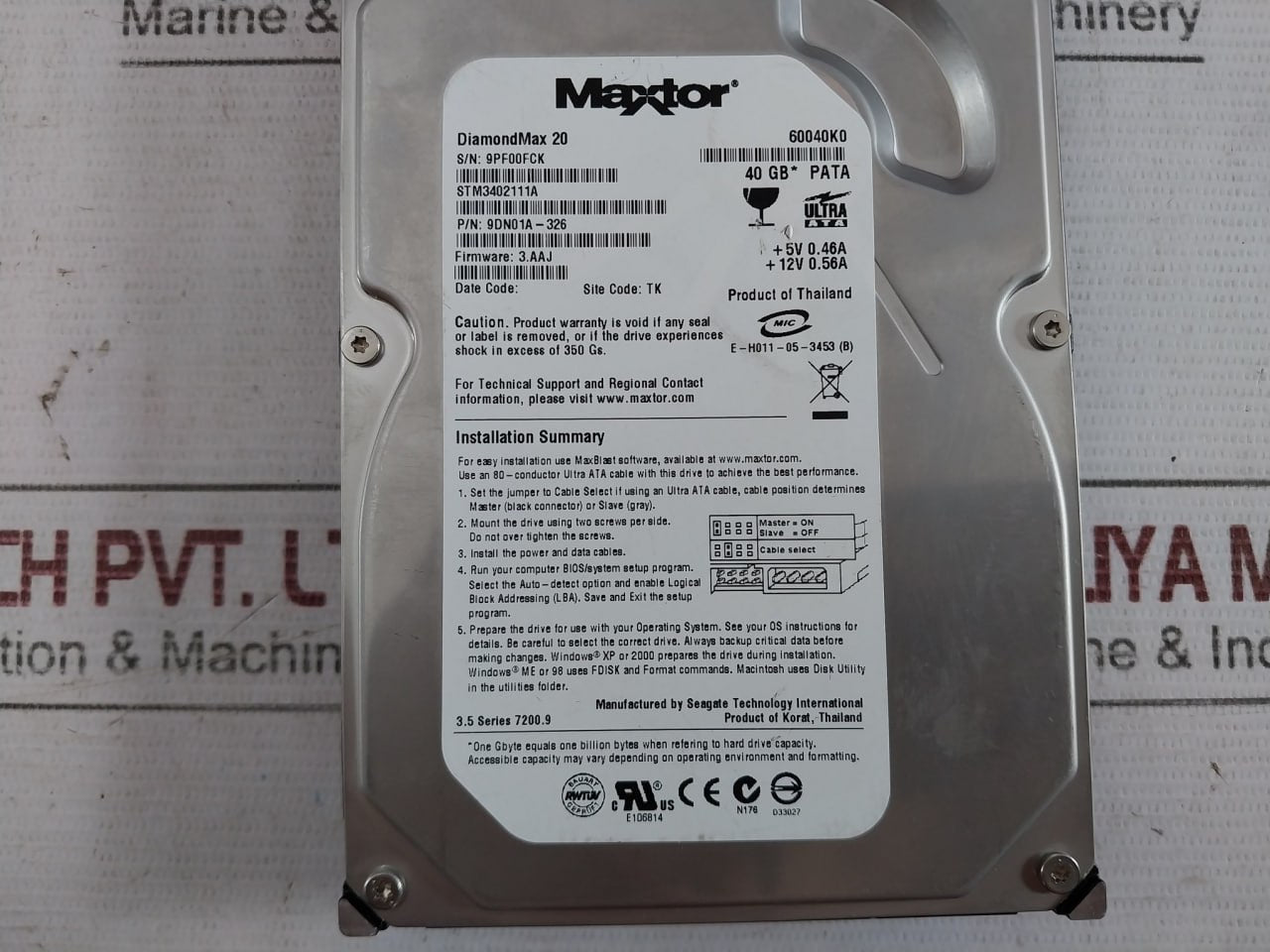 Maxtor Stm3402111A Hard Drive 9Dn01A-326 40Gb 5V 0.46A 12V, 3.5 Series 7200.9