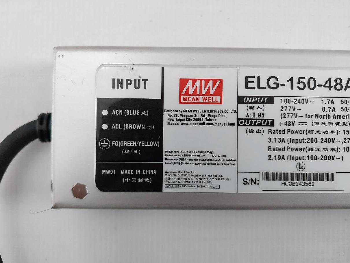 Mean Well Elg-150-48A Led Driver 3Y, Ip65 100-240V 1.7A 50/60Hz 150.2W 3.13A