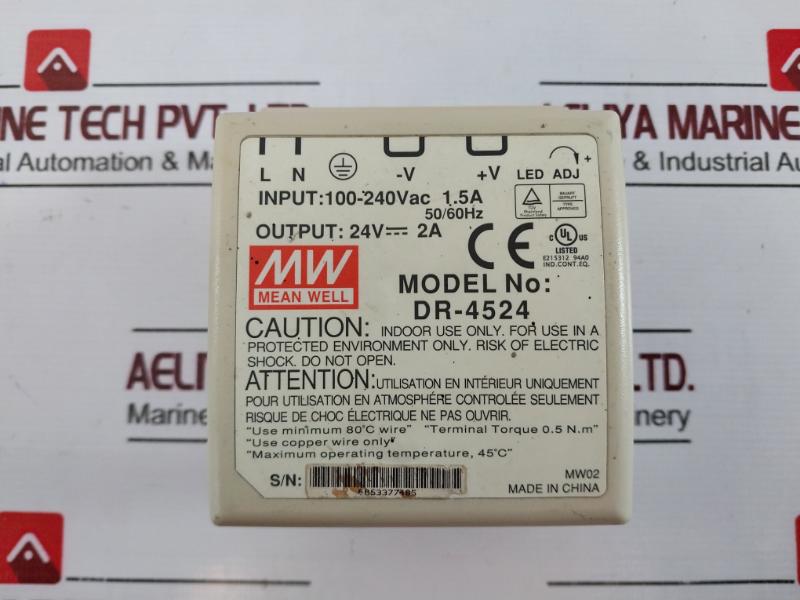 Mean Well&nbsp;Dr-4524 Power Supply Input: 100-240vac 50/60hz 1.5a Output: 24vdc 2a U