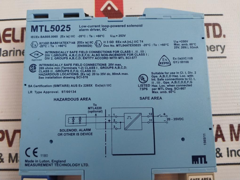 Measurement Technology Mtl5025 Low-Current Loop-Powered Solenoid/Alarm Driver Used