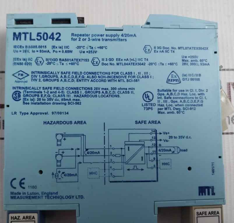 Measurement Technology Mtl5042 Repeater Power Supply 4/20Ma En50 020