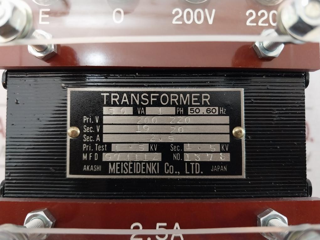 Meisei Denki 74750782-03 Transformer 50Va 1Ph 200-220V/19-20V 50/60Hz