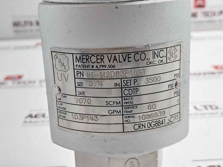 Mercer 91-m2D63P1641 Pressure Relief Valve 3500 Psi