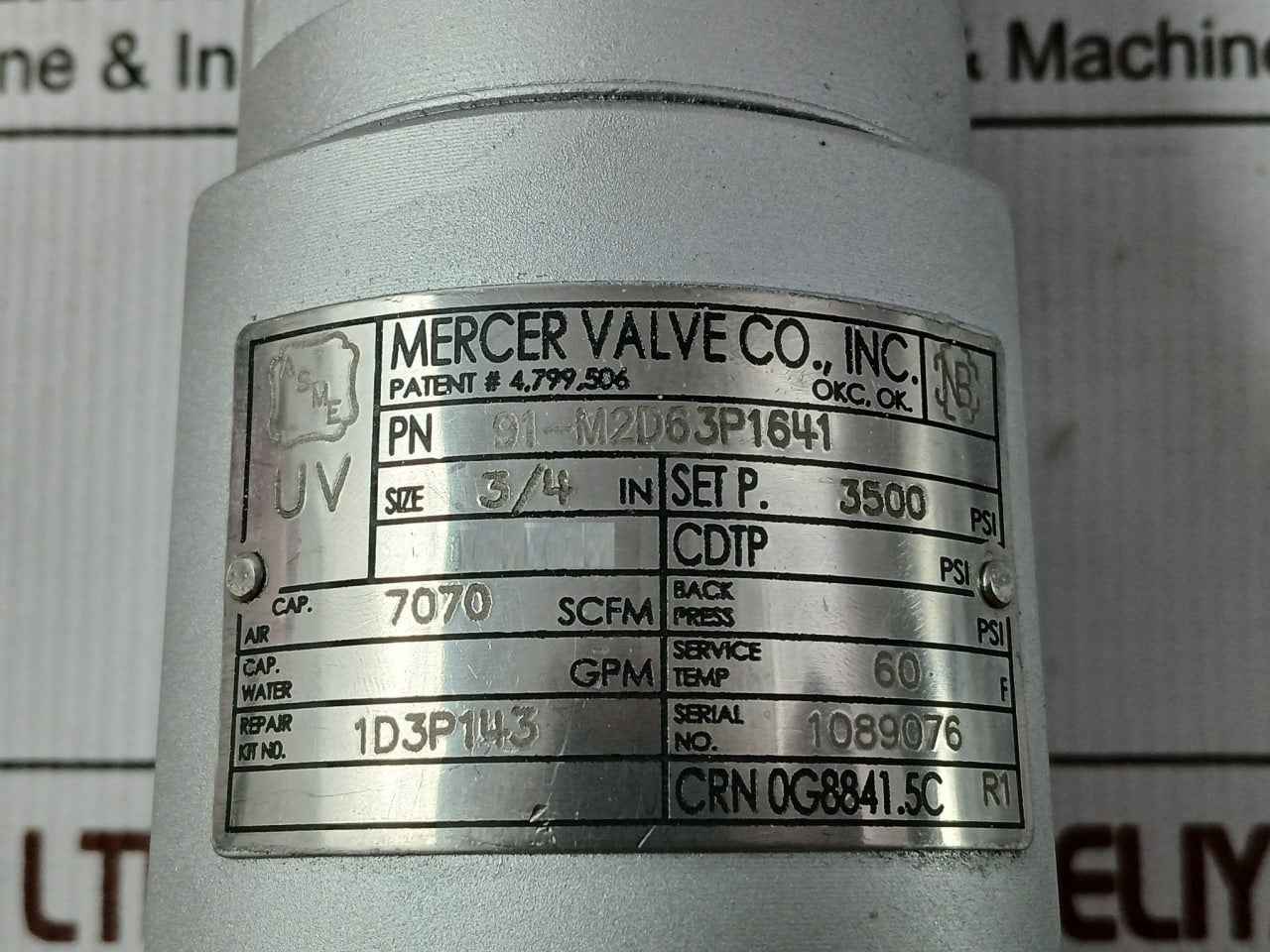 Mercer 91-m2D63P1641 Pressure Relief Valve 7070 Scfm,3500 Psi
