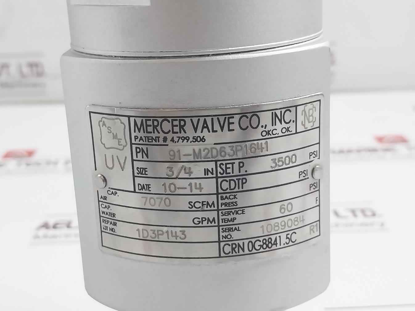 Mercer 91-m2D63P1641 Safety Relief Valve 3/4 In 3500 Psi 7070 Scfm