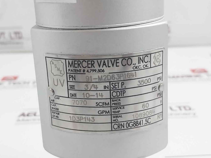 Mercer 91-m2D63P1641 Safety Relief Valve 3/4 In 3500 Psi 7070 Scfm