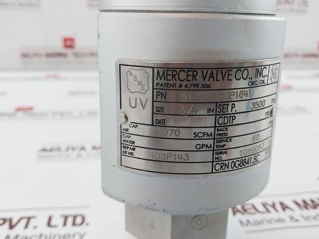Mercer Valve 91-m2D63P1641 3/4-inch Safety Relief Valve 3500Psi Crn 0G8841.5C R1