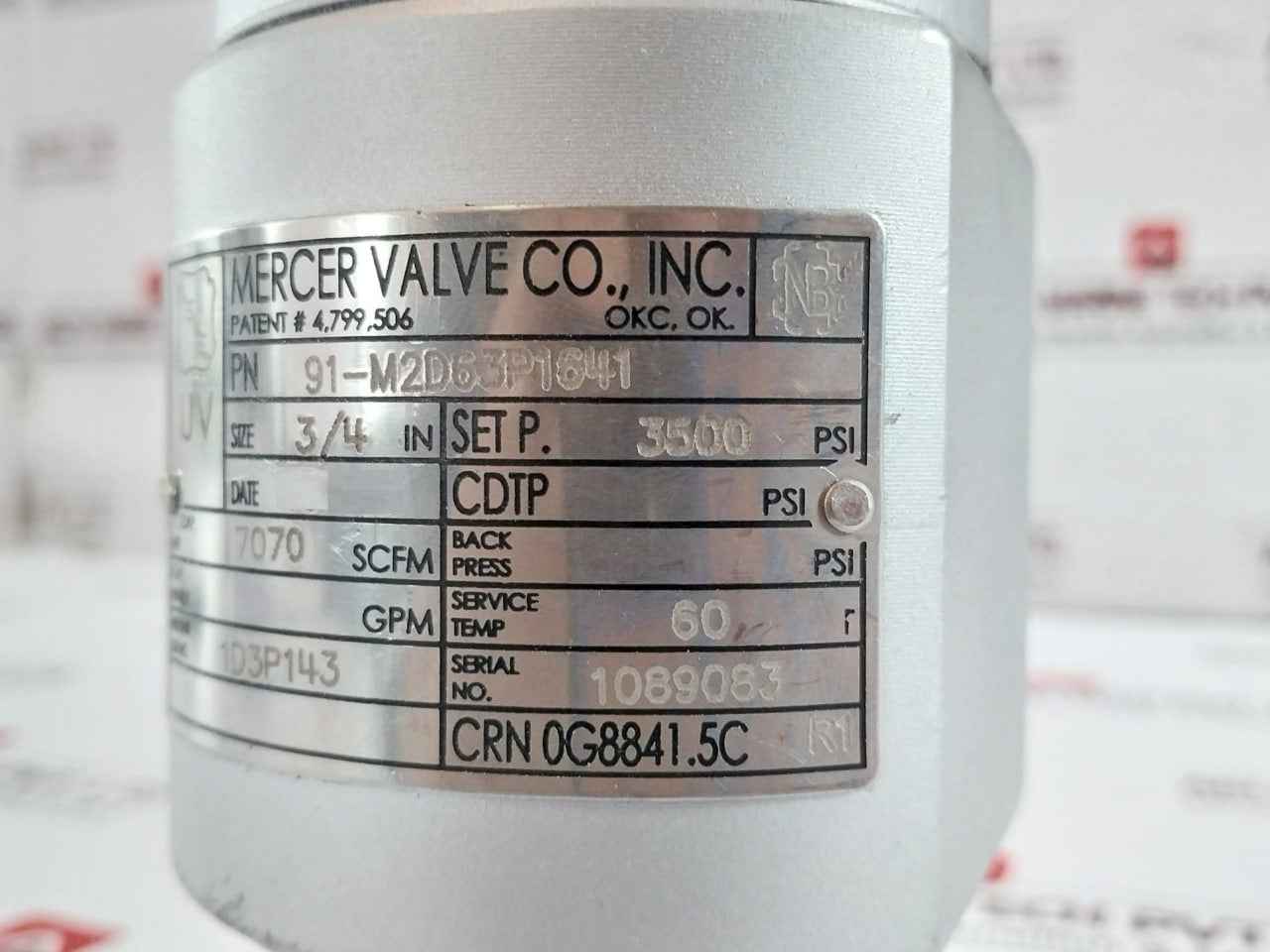 Mercer Valve 91-m2D63P1641 3/4-inch Safety Relief Valve 3500Psi Crn 0G8841.5C R1