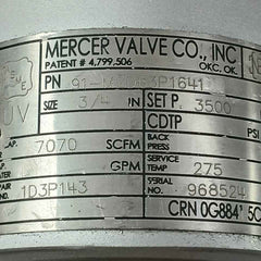 Mercer Valve 91-m2D63P1641 3/4" Safety Relief Valve 3500 Psi