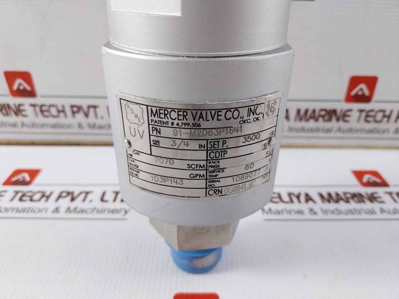 Mercer Valve 91-m2D63P1641 Pressure Relief Valve 3/4" 3500 Psi 7070 Scfm