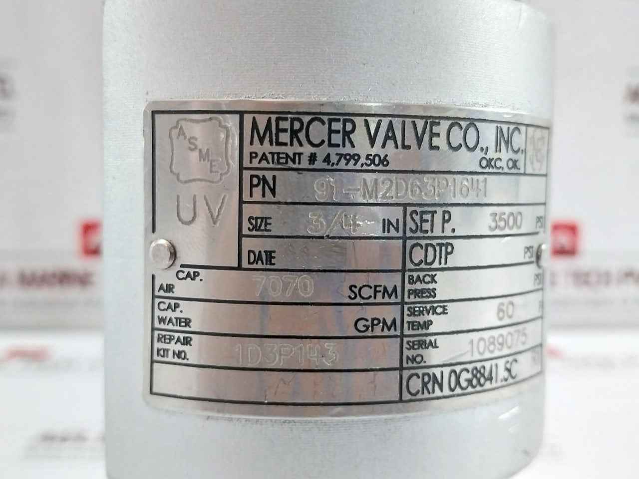 Mercer Valve 91-m2D63P1641 Safety Relief Valve 3/4-inch 3500Psi Crn 0G8841.5C R1