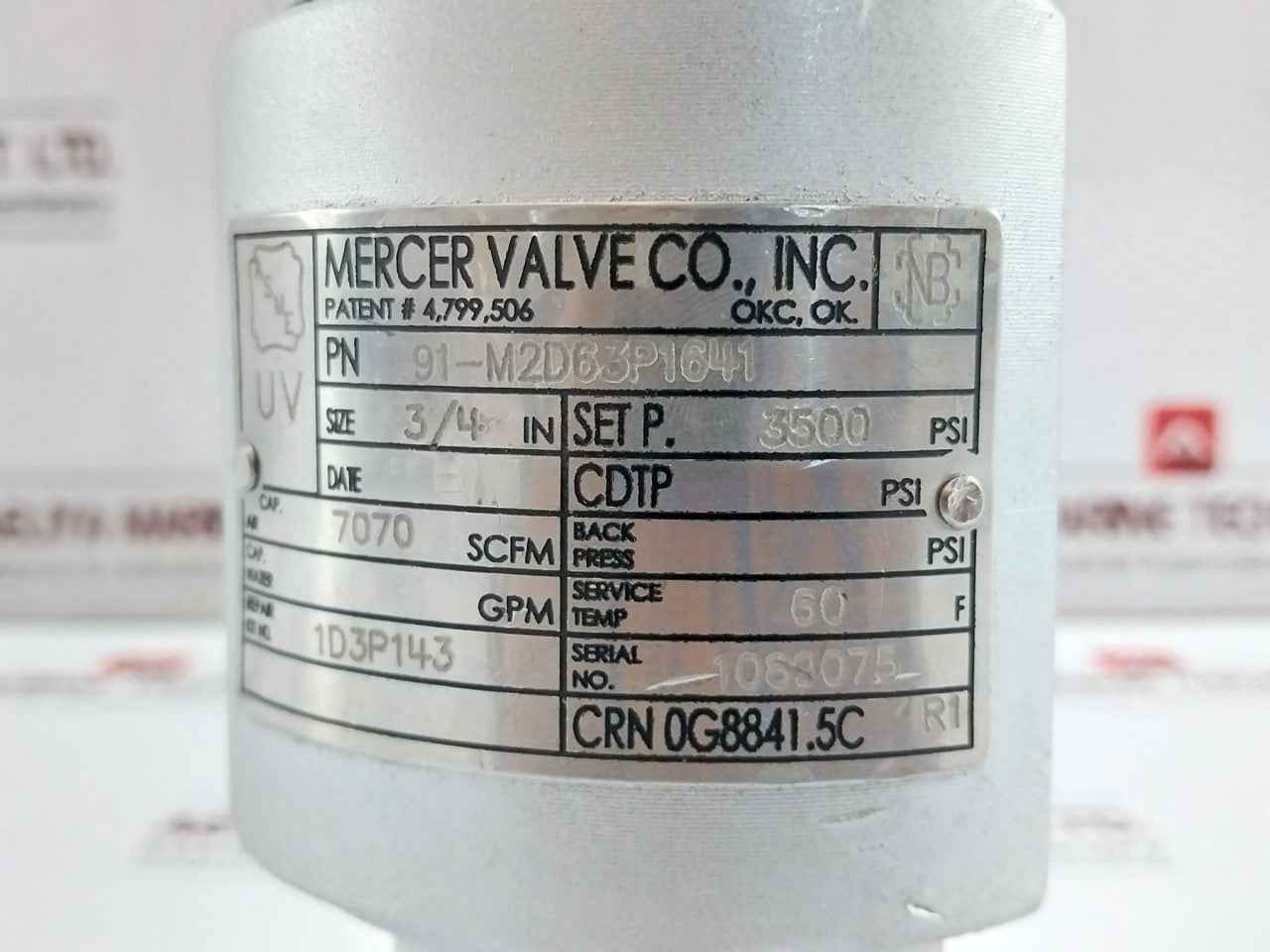 Mercer Valve 91-m2D63P1641 Safety Relief Valve 3/4-inch 3500Psi Crn 0G8841.5C R1