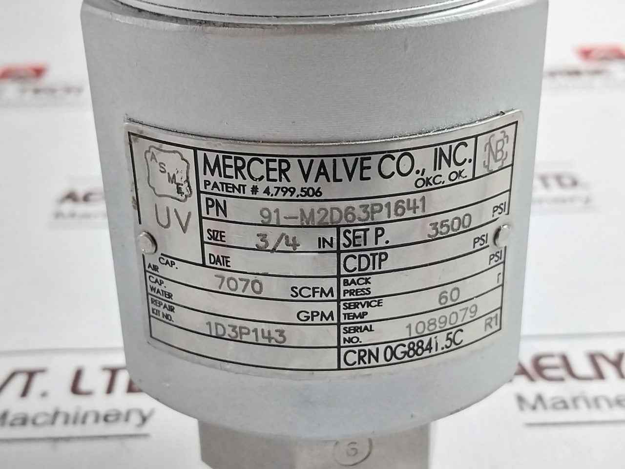 Mercer Valve 91-m2D63P1641 Safety Relief Valve 3500 Psi 60 F 3/4 In
