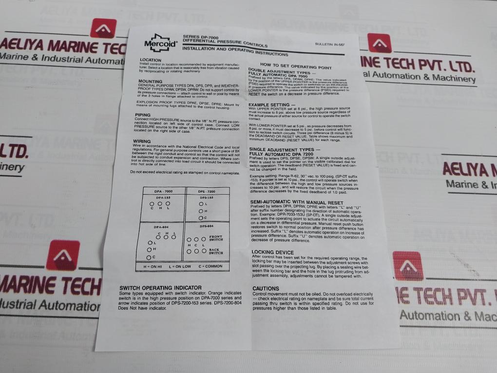 Mercoid Control Dpaw-7043-153-64E Series Dp-7000 Differential Pressure Switch