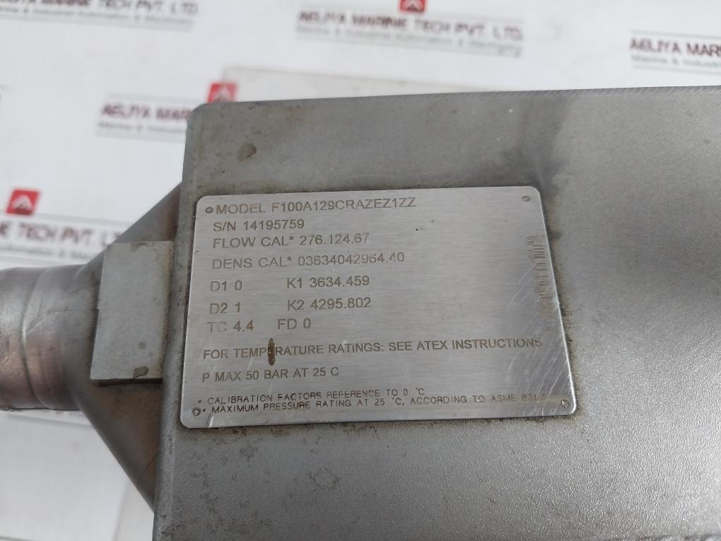 Micro Motion F100A129Crazez1Zz Mass Flow Sensor 276.124.67 Rev: Aa 50Bar 25 C