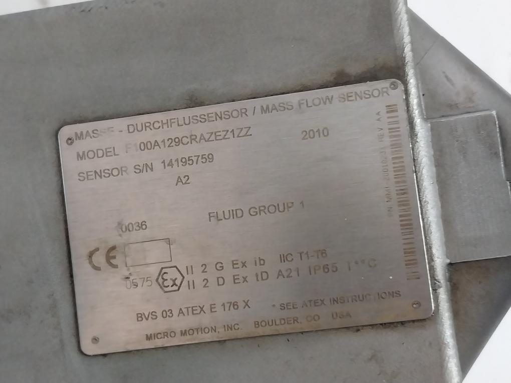Micro Motion F100A129Crazez1Zz Mass Flow Sensor 276.124.67 Rev: Aa 50Bar 25 C