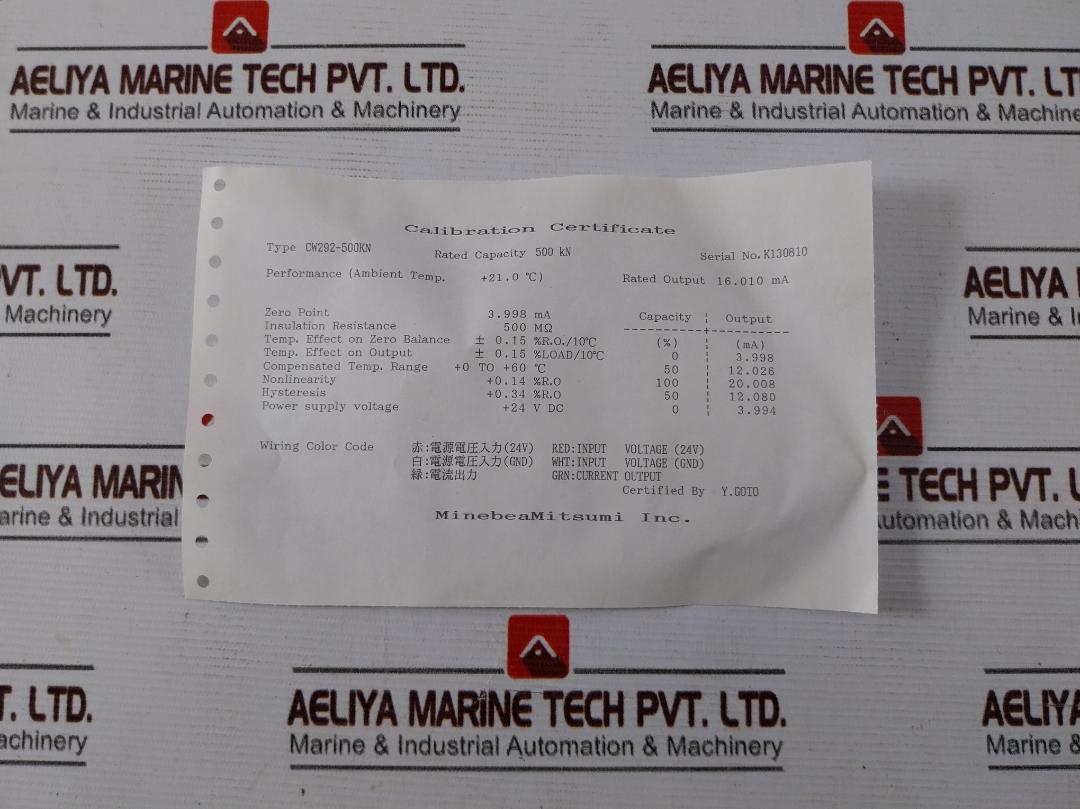 Minebeamitsumi Cw292-500Kn Load Cell 500 Kn 16.010 Ma 3.998 Ma 500 ΜOhm 5M