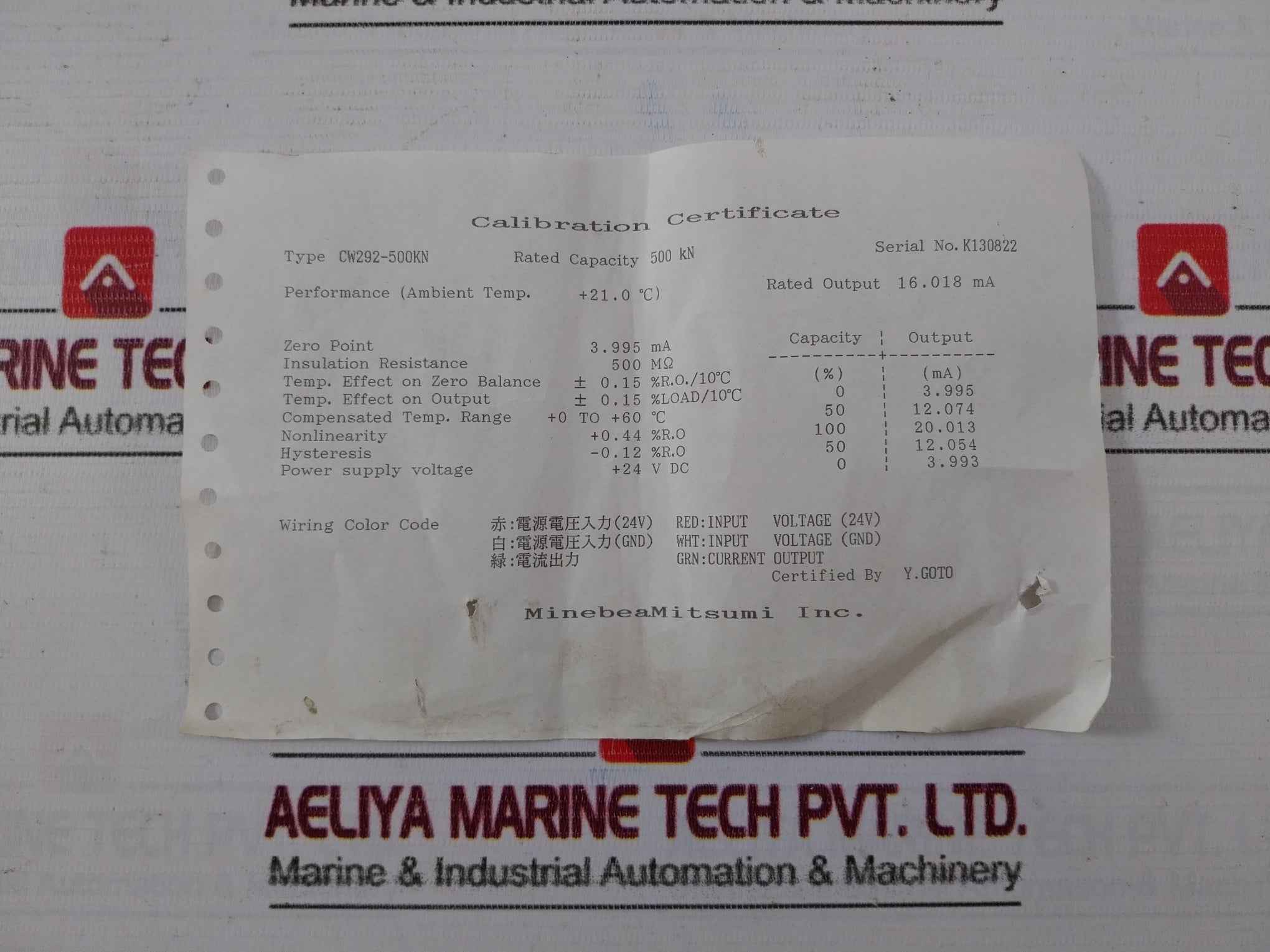 Minebeamitsumi Cw292-500Kn Load Cell With Cable Cab-503 500 Kn 24Vdc 16.018 Ma