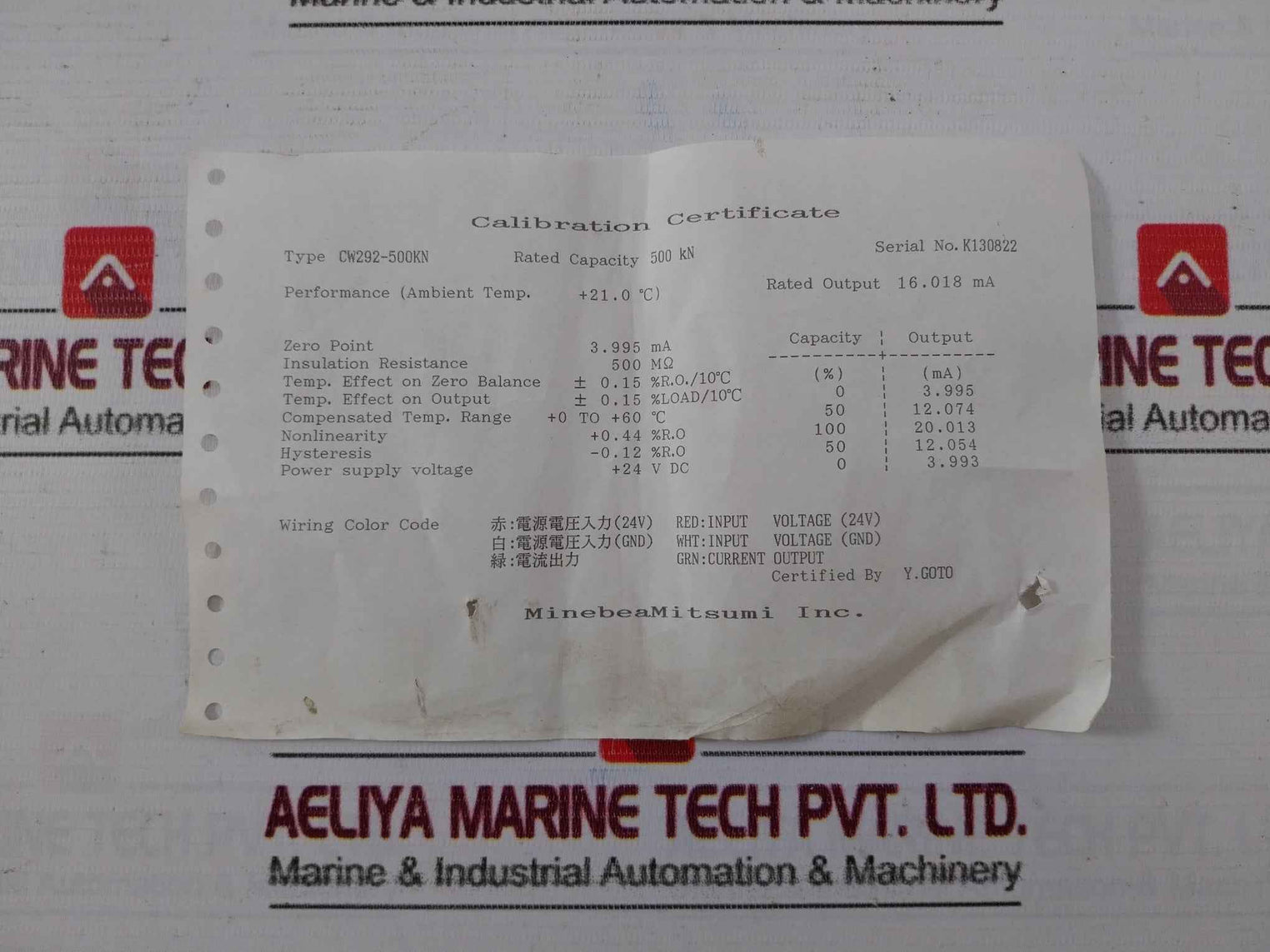 Minebeamitsumi Cw292-500Kn Load Cell With Cable Cab-503 500 Kn 24Vdc 16.018 Ma