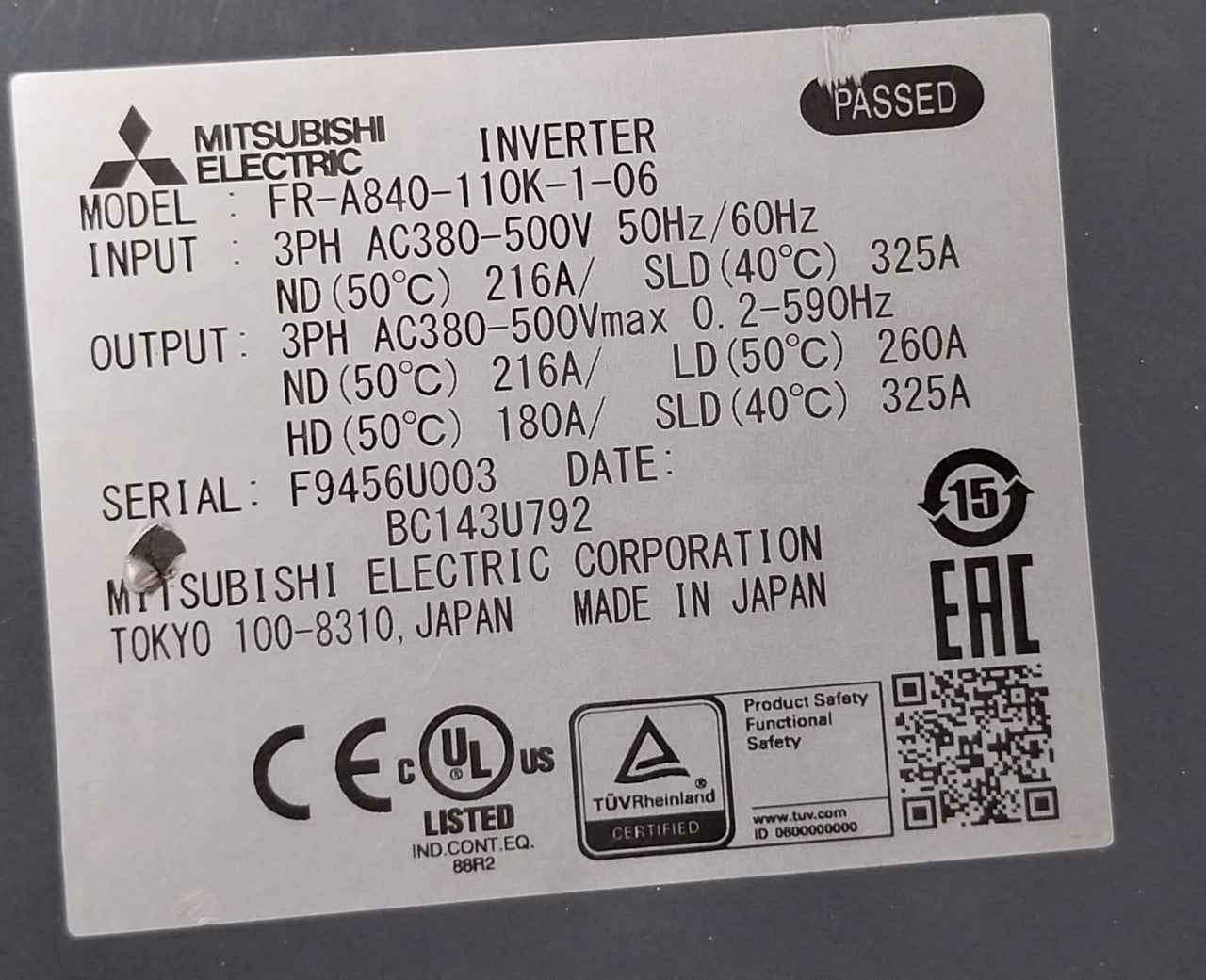 Mitsubishi Electric Fr-a840-110K-1-06 3-ph Frequency Inverter Drive Module Ver A