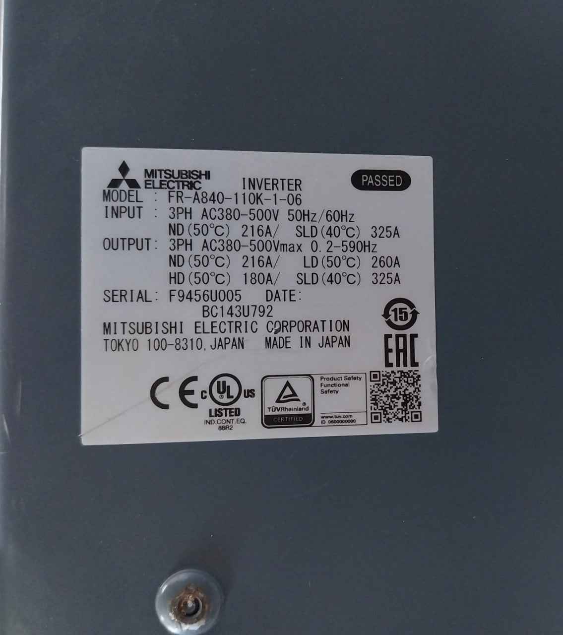 Mitsubishi Electric Fr-a840-110k-1-06 Frequency Inverter Drive Ca2166h01 325a