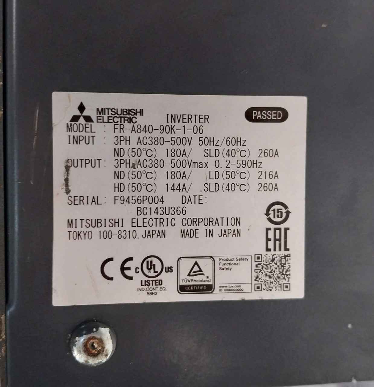 Mitsubishi Electric Fr-a840-90K-1-06 Inverter 3Ph Ac380-500Vmax 0.2-590Hz