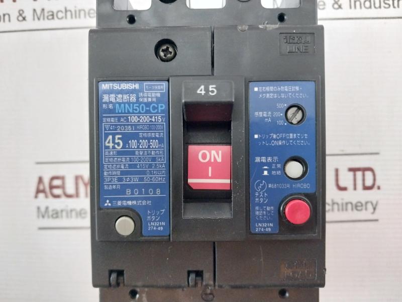 Mitsubishi Electric Mn50-cp Earth Leakage Breaker Ac 100 200 415V 500Ma 45A