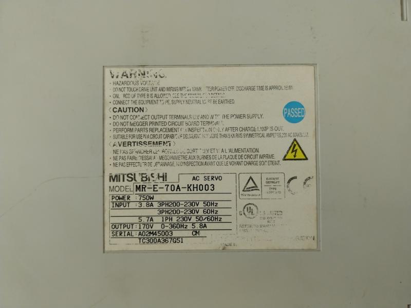 Mitsubishi Electric Mr-e-70A-kh003 Ac Servo Amplifier 750W 3.8A 5.7A 1Ph 230V 50/60Hz