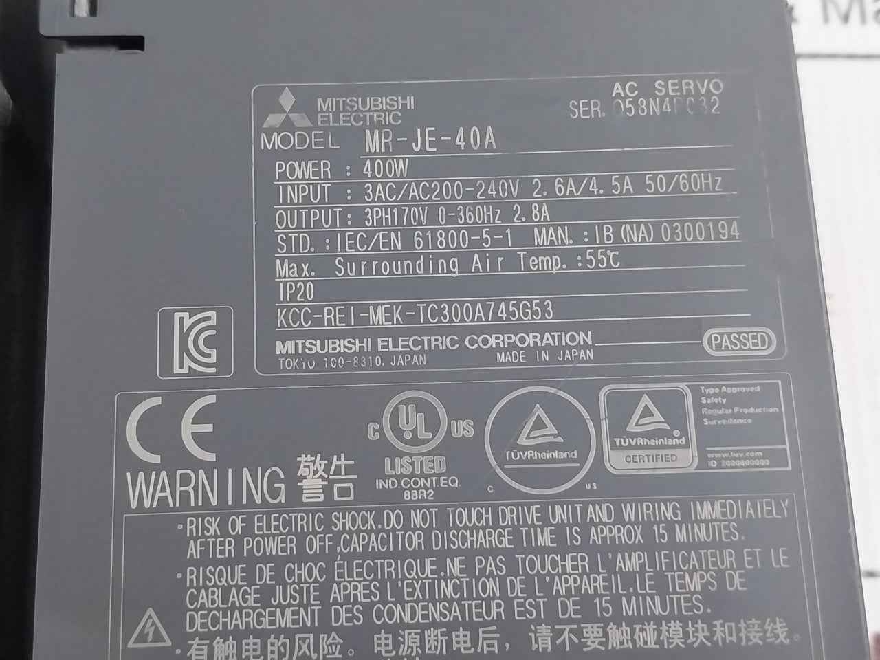 Mitsubishi Electric Mr-je-40a Ac-servo Amplifier 400w/50-60hz/ac200-240v