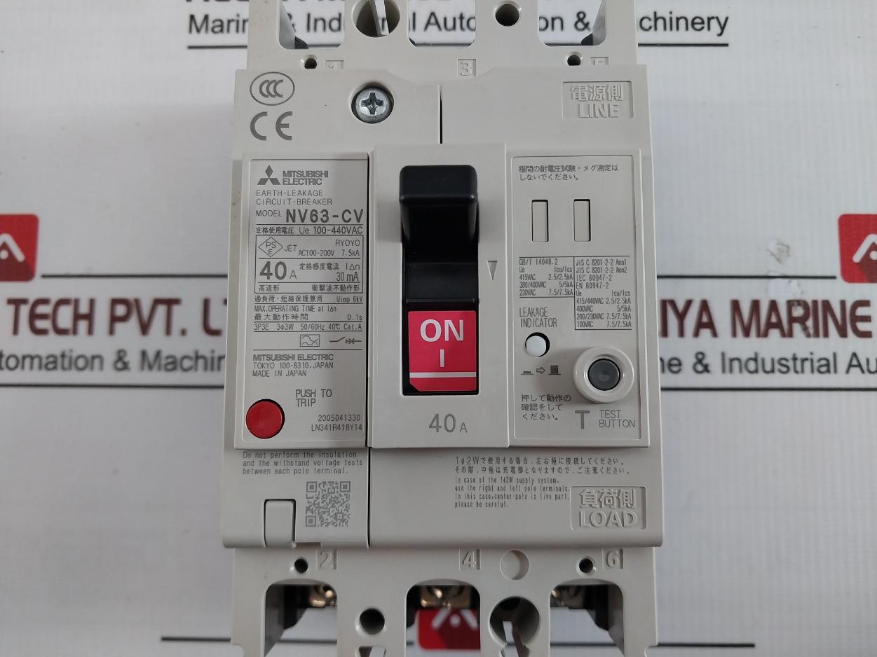 Mitsubishi Electric Nv63-cv 3P Earth-leakage Circuit Breaker 100–440 Vac 40A