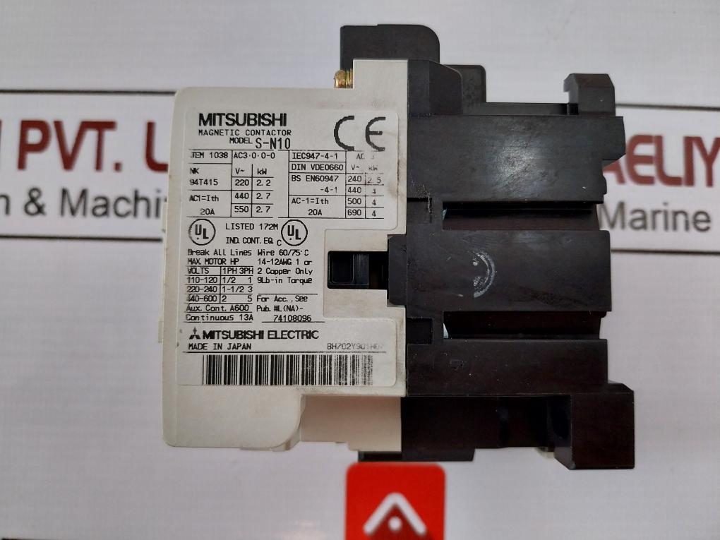 MITSUBISHI ELECTRIC S-N10 Magnetic Contactor IEC 947-4-1 A600 14-12 AWG BH702Y90