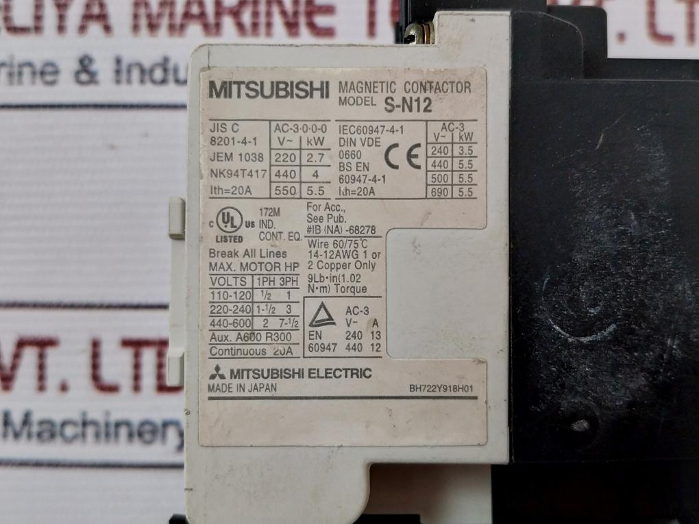 Mitsubishi Electric S-n12 Magnetic Contactor Th-n1 220A 690V~