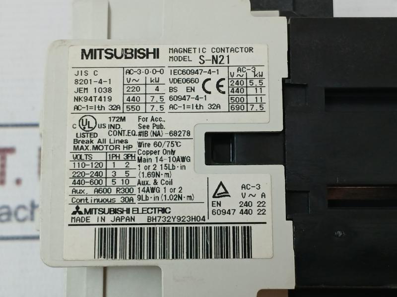 Mitsubishi Electric S-n21 S-n Series Magnetic Contactor Bh732Y923H04 Ac200V