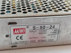 Miwi S-50-24 Power Supply 115Vac 1.3A 230Vac 0.65A 50/60Hz