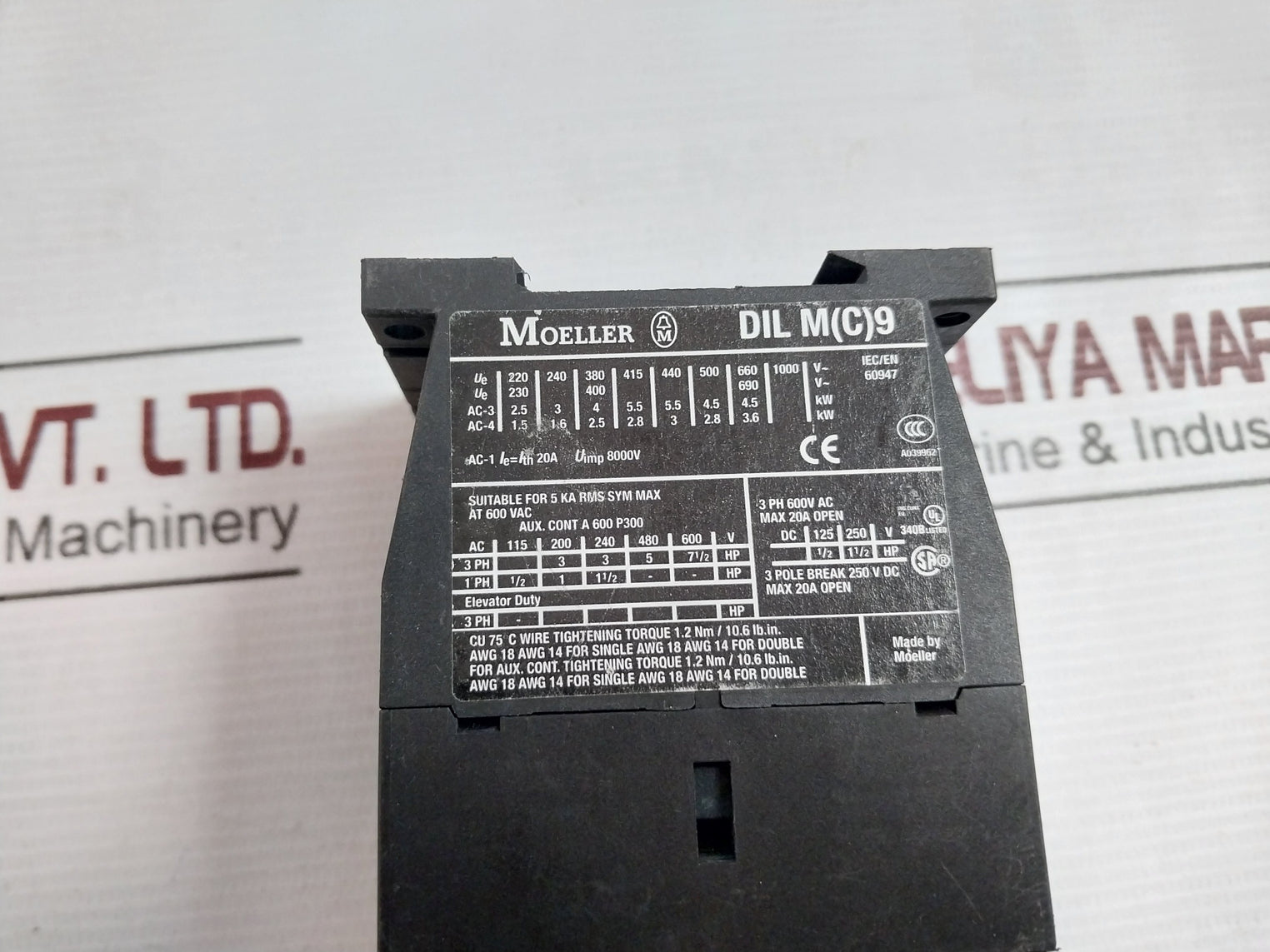 Moeller Dil M(C)9 Electrical Contactor 8000V 3 Ph 600V Ac 250 V Dc A039962