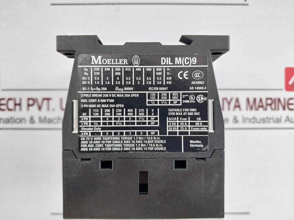 Moeller Dilm9-10 3 Pole Contactor 24Vdc 600V Ac