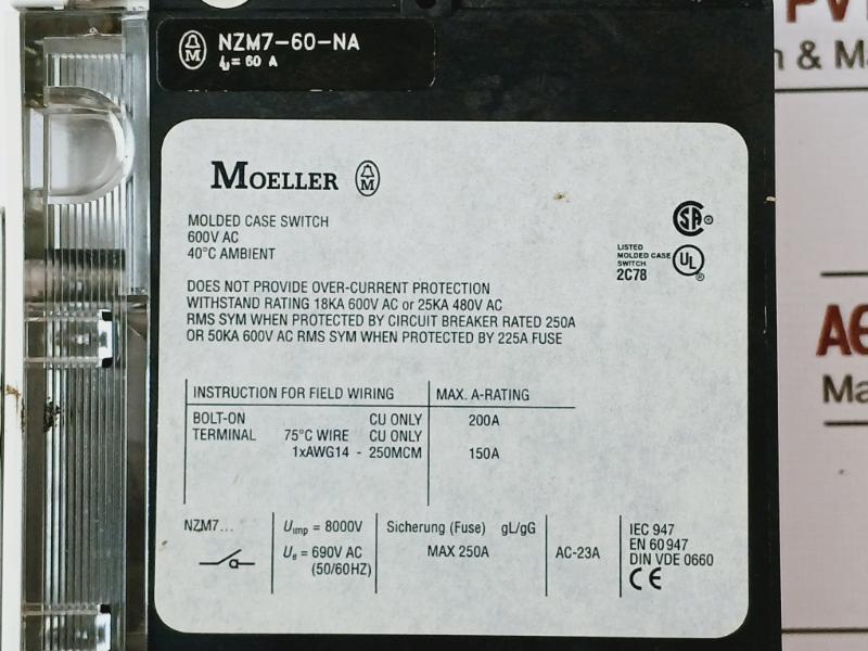 Moeller Nzm7-60-na Disconnect Switch - 60A, 600V Ac Uimp= 8000V