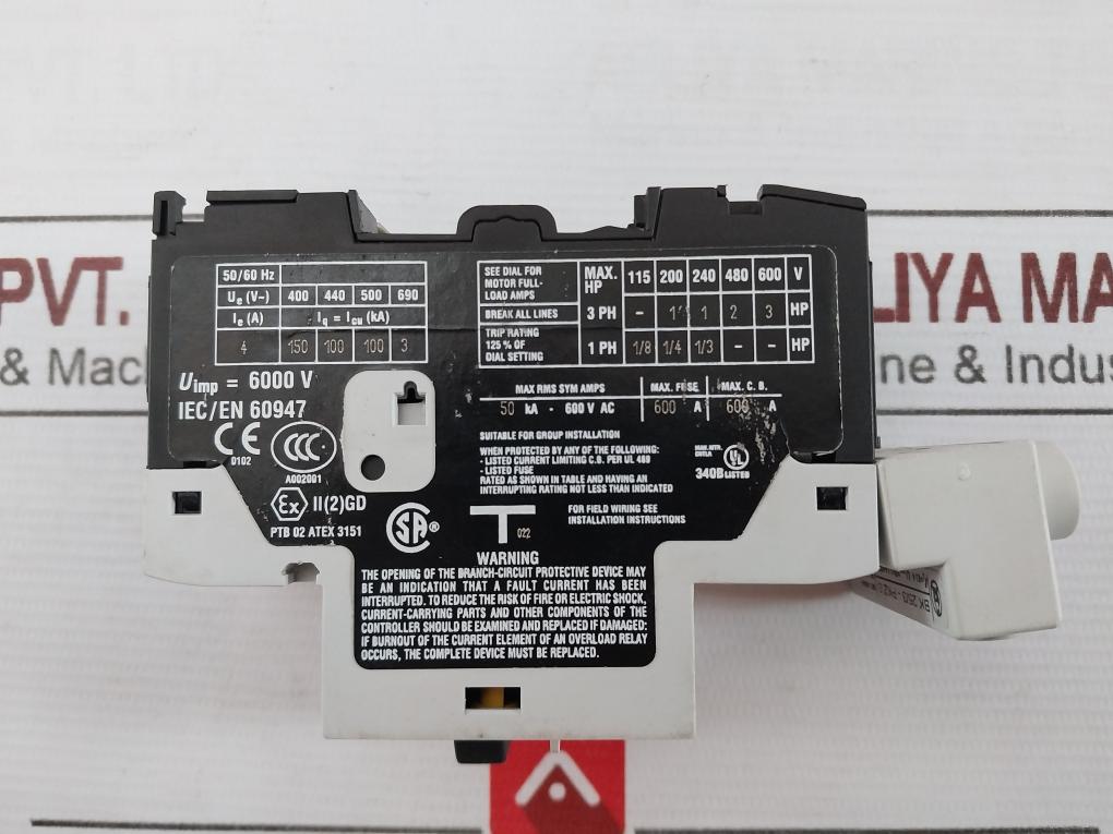 Moeller Pkzm0-4 Motor Protective Circuit Breaker 6000V 50/60Hz 600Vac 65A