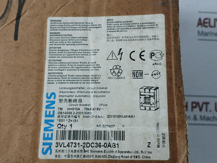 Molded Case Circuit Breaker 3Vl4731-2Dc36-0Ab1 Siemens 415V Ac 50/60Hz