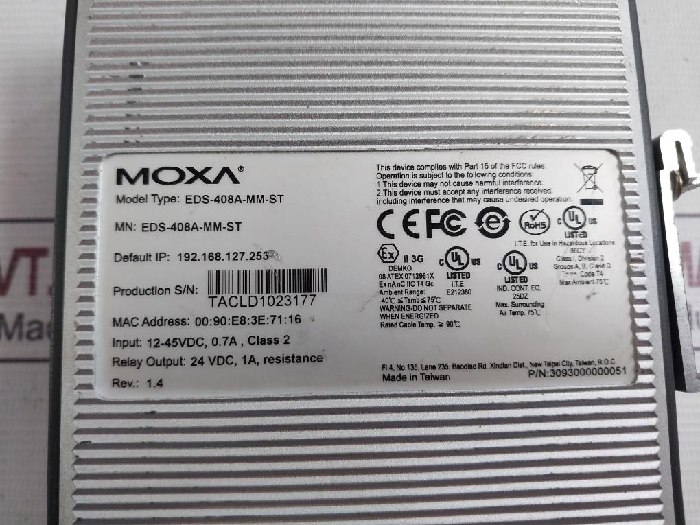 Moxa Eds-408A-mm-st Ethernet Switch 12-45Vdc 0.7A E212360 90˚C