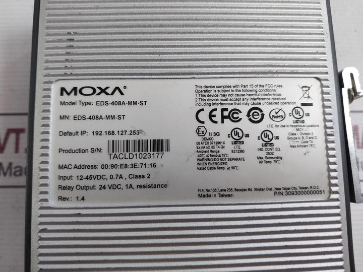 Moxa Eds-408A-mm-st Ethernet Switch 12-45Vdc 0.7A E212360 90?C