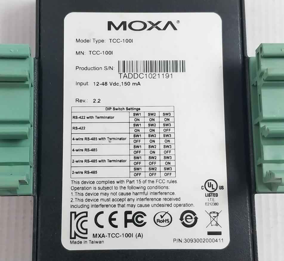 Moxa Tcc-100i Isolated Rs-232 Rs-422/485 Converter 12-48vdc 150 Ma 3093002000411