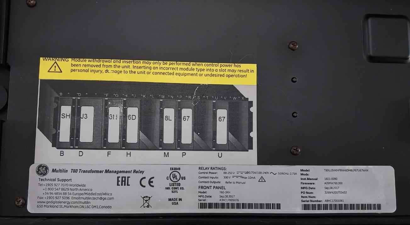 Multilin T60 Transformer Protection System Ge T60Uj3Hkhf8Nh6Dm8Lp67U67Wxx 50/60Hz