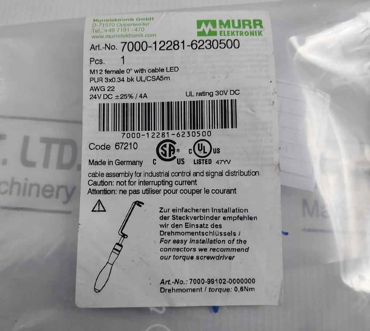 Murr Elektronik 7000-12281-6230500 Connector Cable 5 Meter 24v Dc 4a 0.6nm