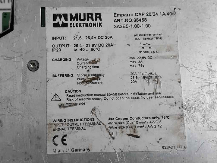 Murr Elektronik 85458 Power Supply Buffer Unit Ip20 -40 To 60C 30Vdc