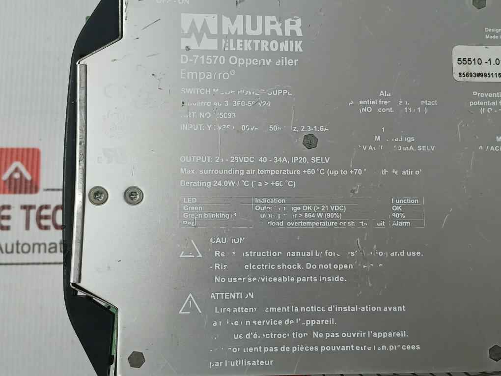 Murrelektronik 85693 Switch Mode Power Supply 24-28vdc/40-34a, Ip20, Selv