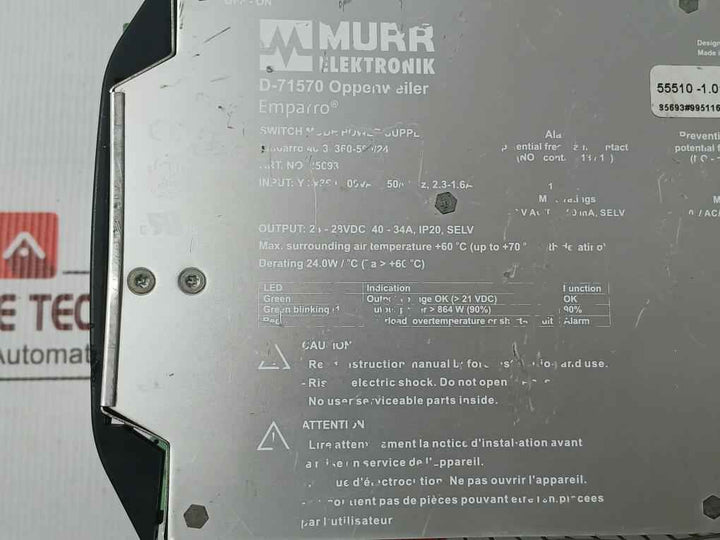 Murrelektronik 85693 Switch Mode Power Supply 24-28vdc/40-34a, Ip20, Selv
