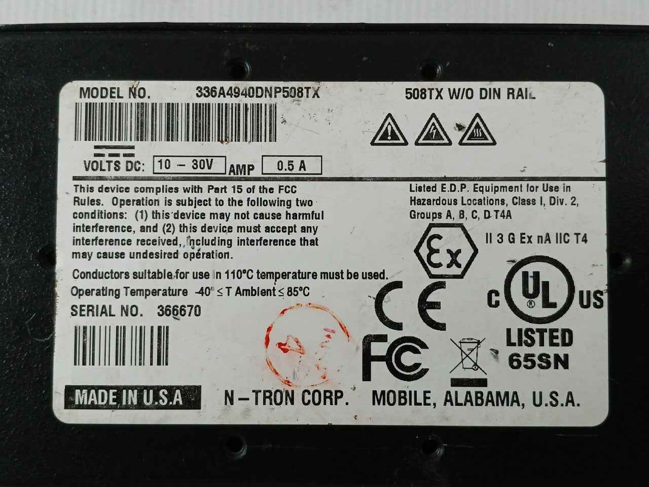 N-tron 508Tx W/O Din Rail 336A4940Dnp508Tx Industrial Ethernet Switch 10-30V 0.5